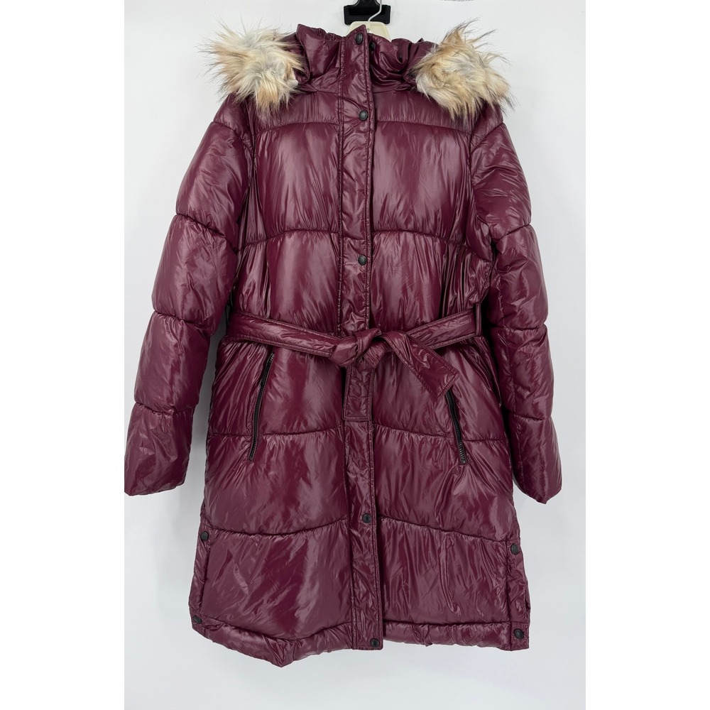 Sam Edelman Womens Burgundy High Shine Puffer Coat Faux Fur Hood Belted Large